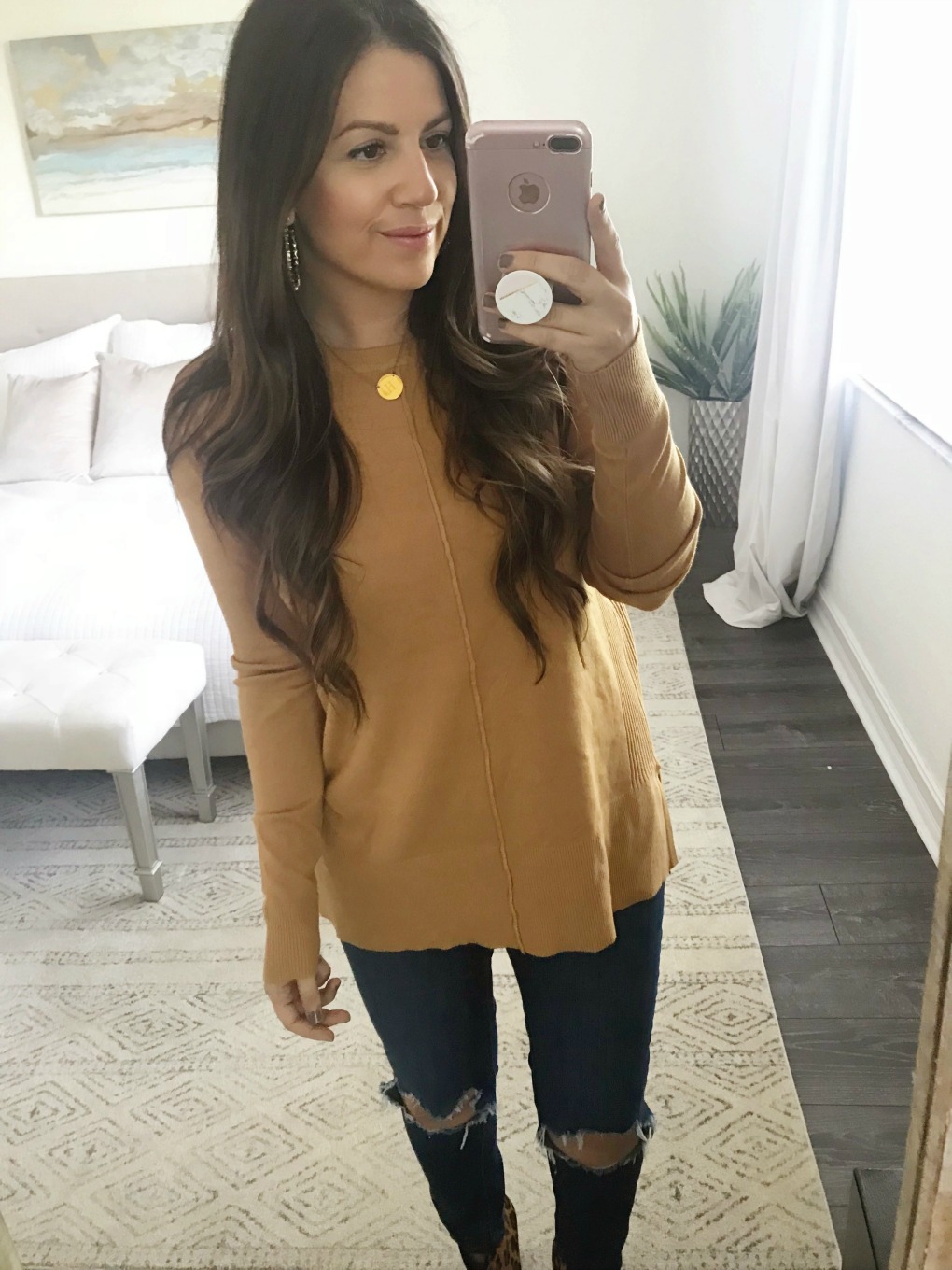 red dress boutique tan sweater