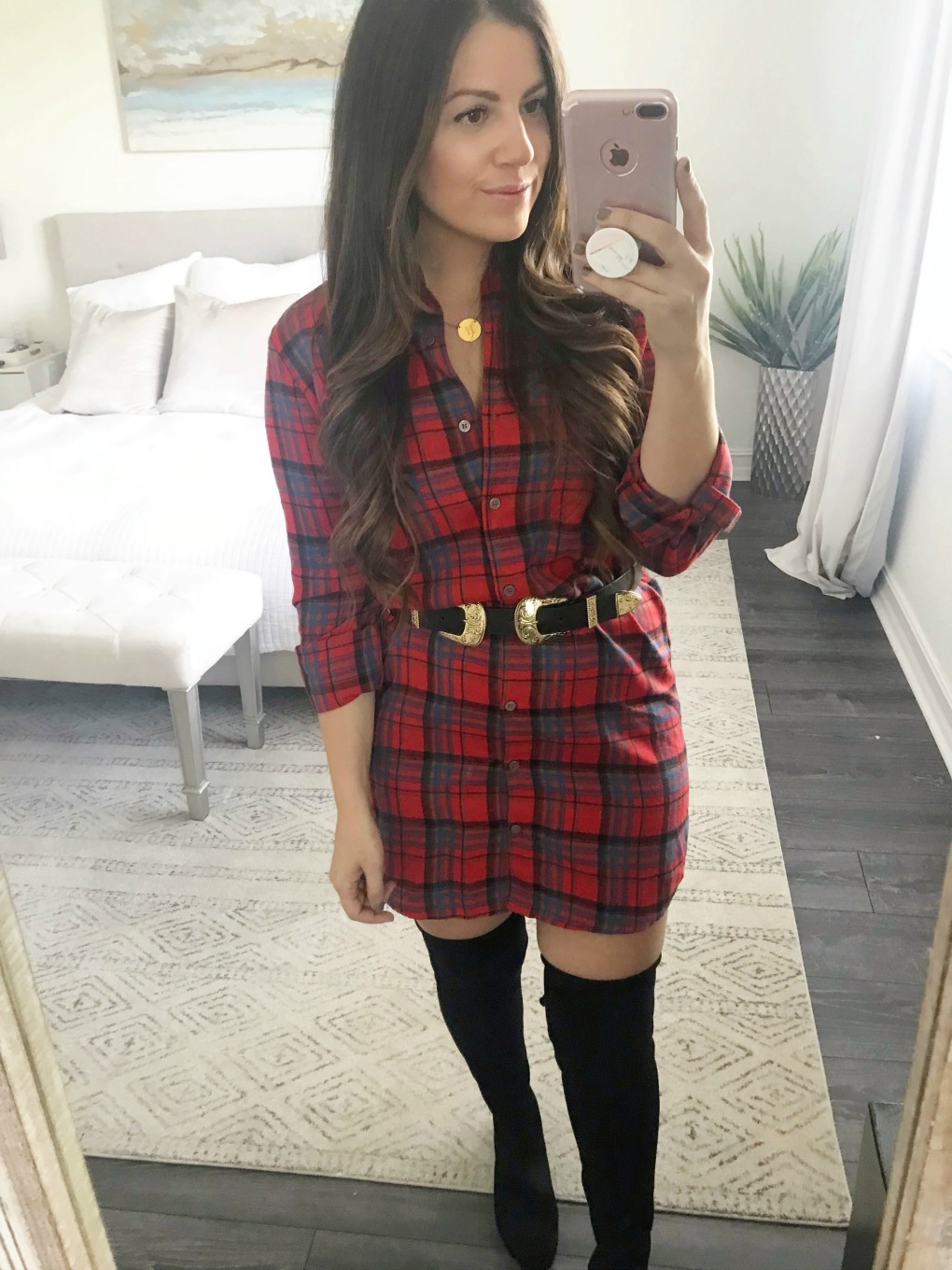 red plaid dress, OTK boots, Stuart Weitzman dupes, Red Dress Boutique