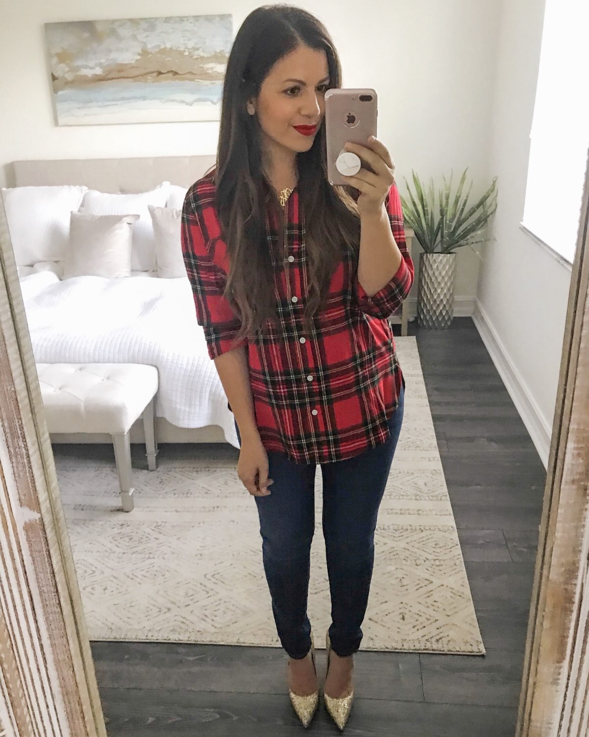 Christmas Plaid Flannel Button Down, red plaid flannel, Old Navy plaid top