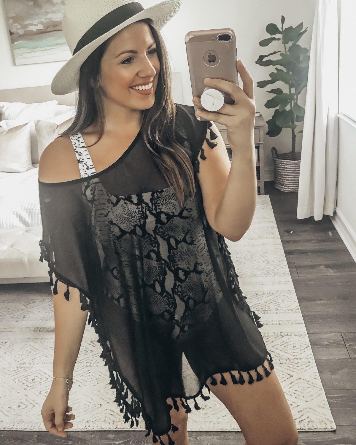 Tassel Coverup from Amazon, black sheer tassel coverup, Panama hat