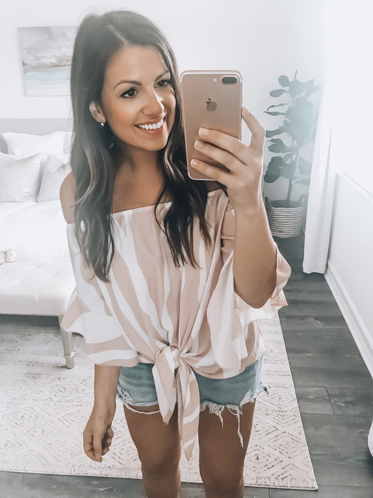 Amazon off shoulder pink white top, Tie Front Off Shoulder Top