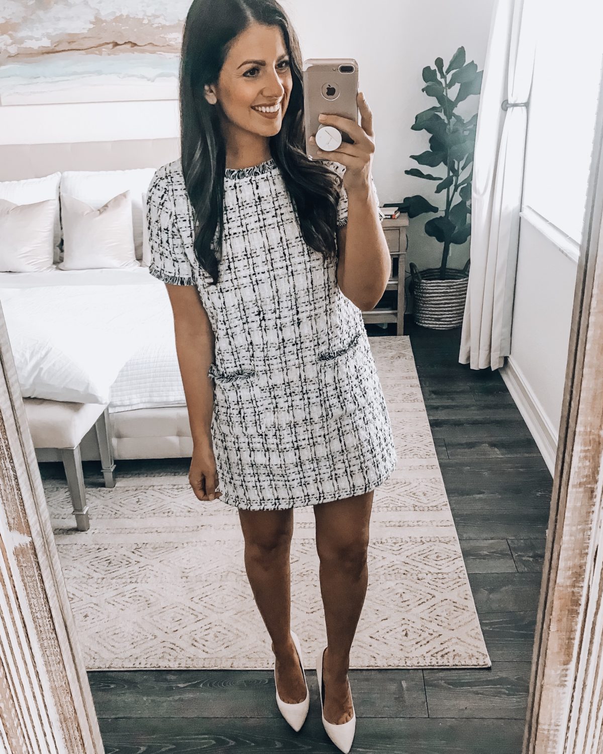 Amazon fashion twill white dress, twill tweed office dress, Chanel lookalike dress, Jaime Cittadino Florida fashion blogger