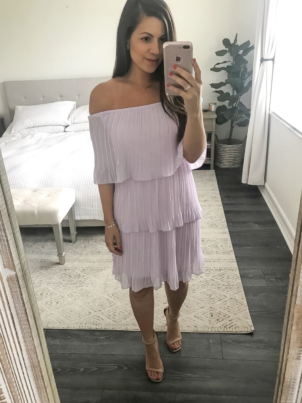 off shoulder tiered dress, tiered pleated dress