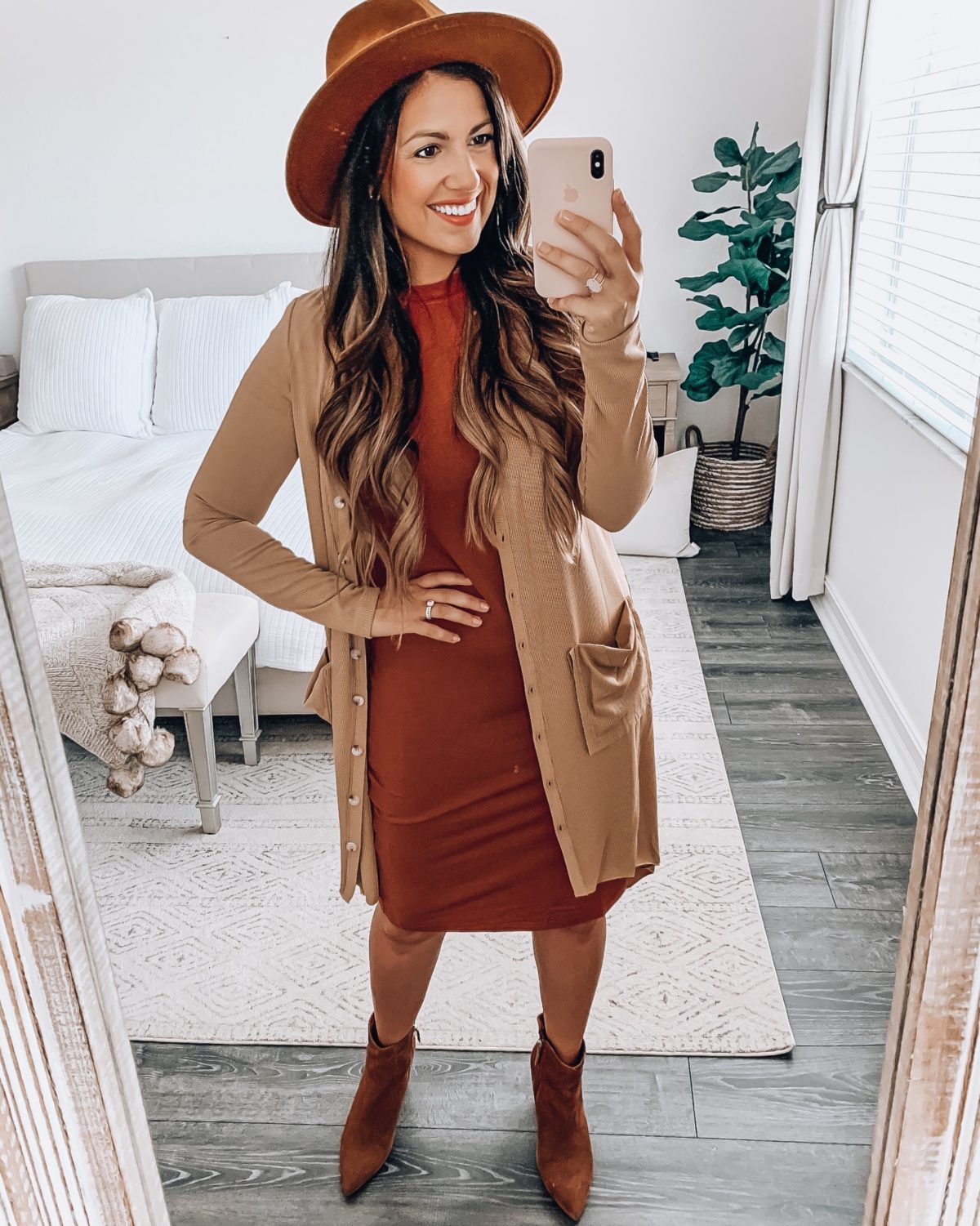 Amazon Fashion bodycon dress and cardigan, Amazon fashion fedora hat