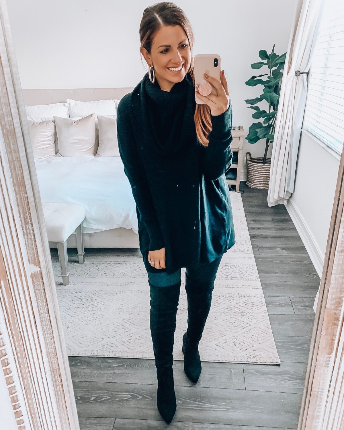 cowl neck sweater, all black outfit