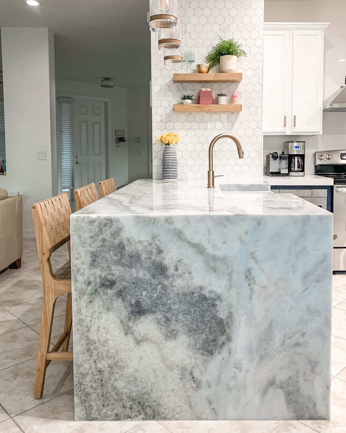 Primestones blue marble waterfall kitchen island, marble West Palm Beach, marble Miami