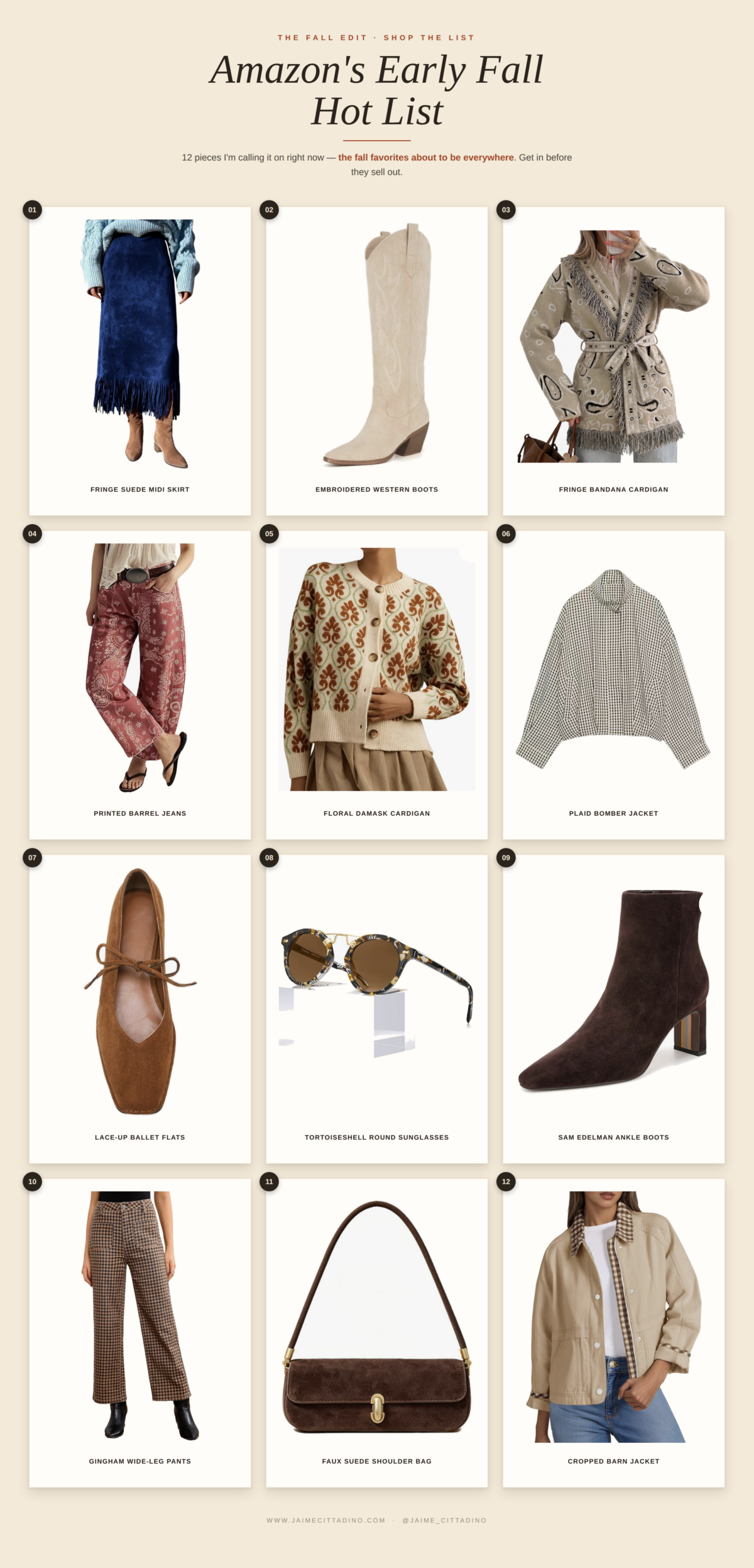 Amazon early fall fashion finds 2026 — fringe skirt, western boots, plaid jacket, and more fall outfit ideas